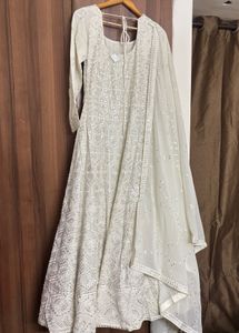 White Party Wear Anarkali Gown &amp; Dupatta