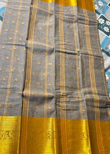 Grey Cotton Tant Saree with Golden Border