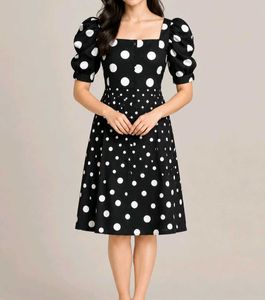 Black & White Polka Dot Puff Sleeve Dress