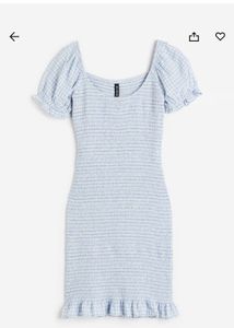 H&amp;M Blue Striped Smocked Square-Neck Dress