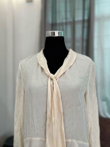 ZARA Soft Ivory Tie-Neck Sheer Blouse