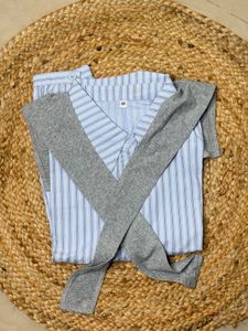 Blue Striped Shirt with Attached Knit Sleeves