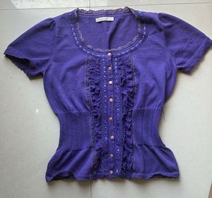 Purple Button-Up Ruffle Knit Top
