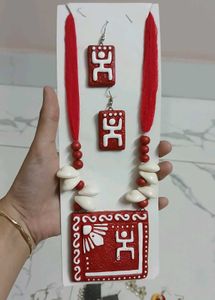 Red Ethnic Necklace and Earrings Set