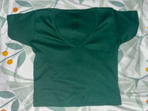Deep V-Neck ribbed Green T-Shirt