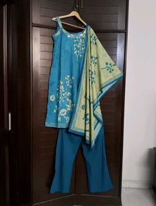 In Stree Teal Blue Cotton Embroidered Kurta Set