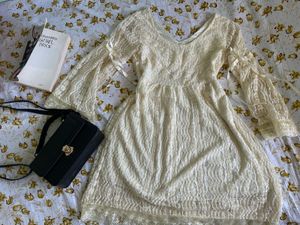 Cream Lace Bell Sleeve Dress