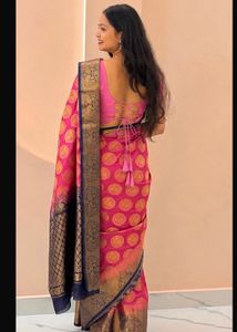 Vibrant Pink Silk Saree with Gold Peacock Motifs