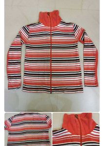 Striped Zip-Up Mock Neck Orange Cardigan