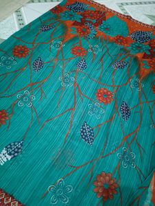 Sea Green Printed Saree With Unstitched Blouse