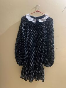 Black Polka Dots Dress Pleated Sleeves