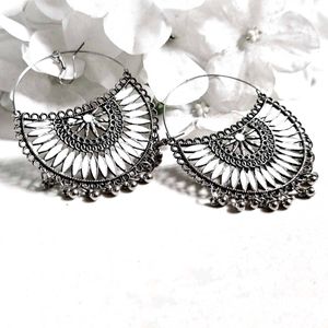 2 White And Pink Silver Bohemian Hoop Earrings