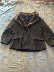 Chevron Pattern Jacket with Faux Fur Collar