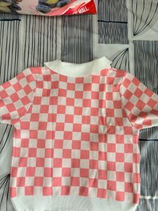 Pink &amp; White Checkerboard Collared Top