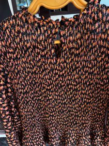 Pleated Blouse - Orange & Black Pattern