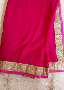 Vibrant Pink Saree with Gold Sequin Border
