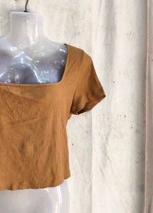 Brown Ribbed Square Neck Crop Top