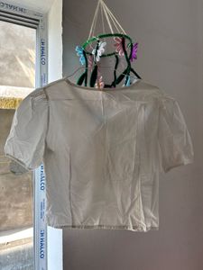 White Puff-Sleeve Ruched Blouse