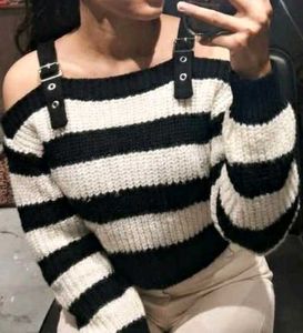 Striped Knit Sweater with Buckle Detail