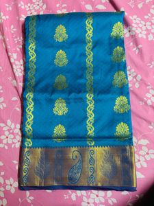 fixed  Blue Silk Saree with Gold Zari  pattu