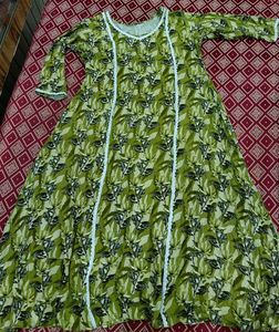 Green Floral Print Kurti set with Lace Trim