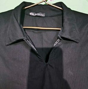 Ribbed Black Polo Top