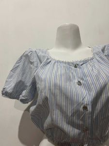 Blue Striped Puff Sleeve Crop Top