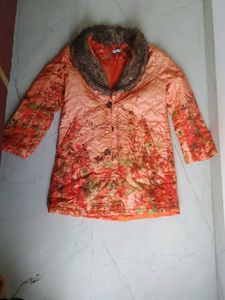 Orange Floral Quilted Jacket with Fur Collar