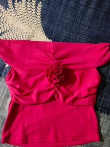 Hot Pink Off-Shoulder Top with Floral Accent