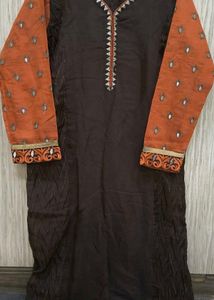 Elegant Brown Kurta with Orange Sleeves