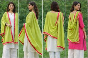Lime Green Dupatta with Pink Border Unused