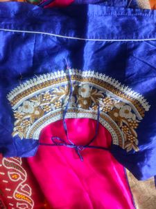 Vibrant Pink Saree with Blue &amp; Gold Border