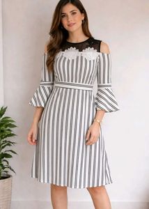 Chic Striped Cold Shoulder Dress with Flower Detai