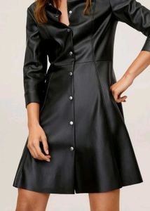mango Black Faux Leather Button-Up Dress