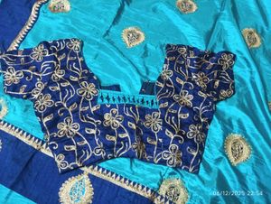 Beautiful Turquoise Saree with Gold Embroidery