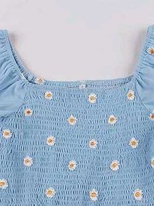 Blue Daisy embroidery Puff Sleeve Dress