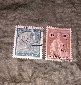 2 Vintage Portuguese India Postage Stamps