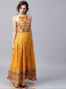 Nayo Mustard printed sleeveless cotton Anarkali ku