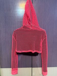 Pink Fishnet Cropped Hoodie.