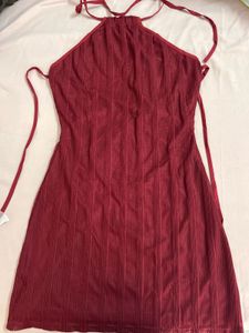 Burgundy Mesh Halter Dress