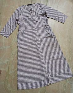 White & Grey Striped Cotton Dress For Women