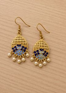 Blue Floral Dangle Earrings with Pearls