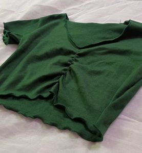 Ruching V-Neck Lettuce Hem Crop Top