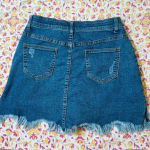 Blue Denim Fringed Mini Skirt