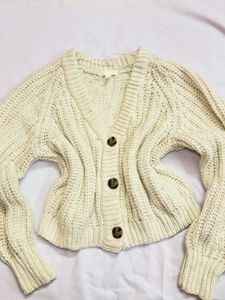white  Knit Button-Up Cardigan