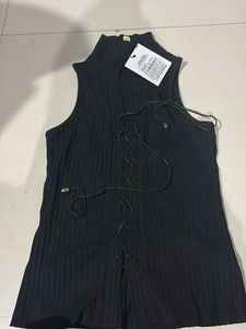 Chic Black Ribbed Mock Neck Top collared