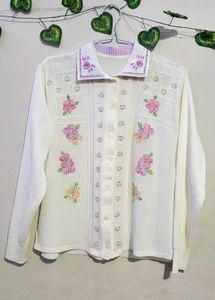 Cream Floral Embroidered Collared Shirt