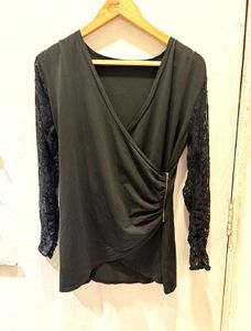 Chic Black Lace Sleeve Wrap Top