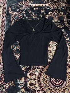 Black Lace Trimmed Bell Sleeve Top