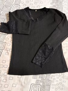 Lace Trim V-Neck Ribbed Long Sleeve Top